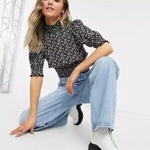 Only Neon and Nylon Black and White High Neck Top - Floral Top - Short Sleeve